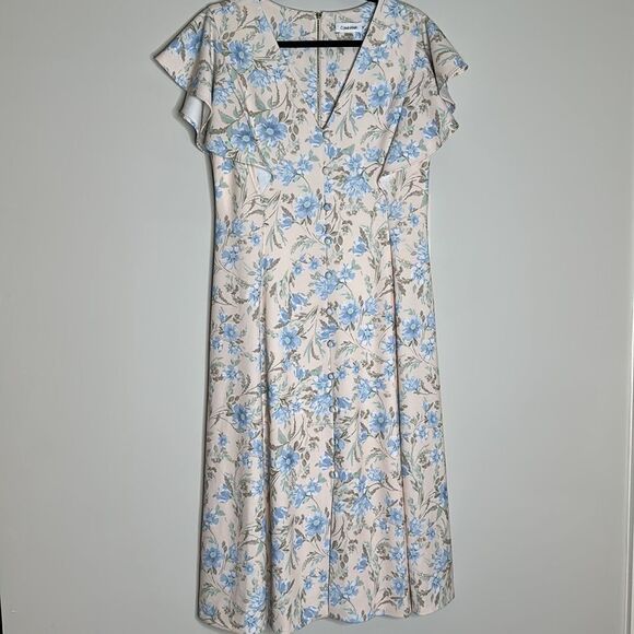 CALVIN KLEINWomen's Flutter Sleeve V-Neck Midi with Button Front Detail 12 NWT - Picture 4 of 12